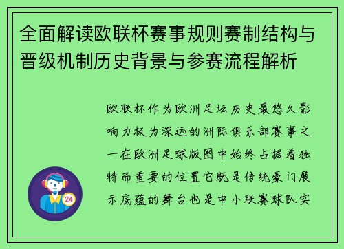 全面解读欧联杯赛事规则赛制结构与晋级机制历史背景与参赛流程解析