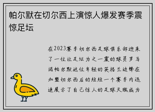 帕尔默在切尔西上演惊人爆发赛季震惊足坛 帕尔默在切尔西上演惊人爆发赛季震惊足坛
